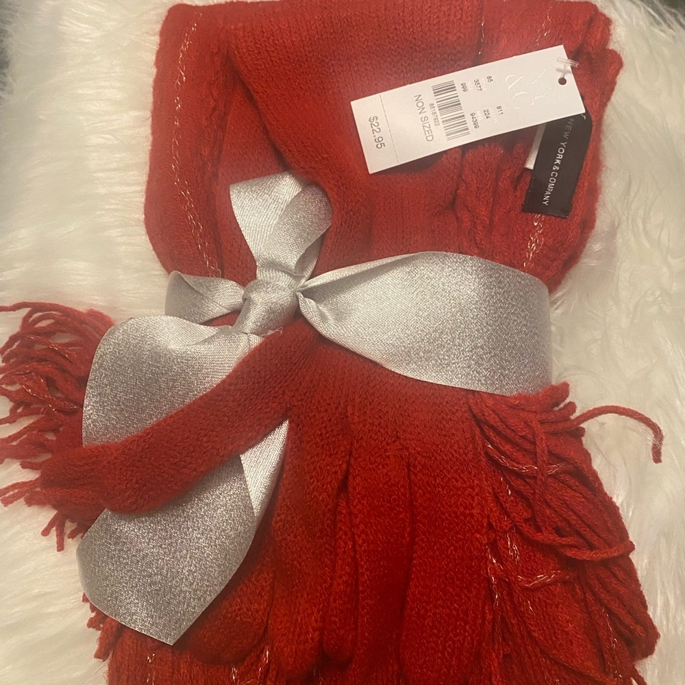 New York & Company red gloves/ scarf with gold designs in scarf